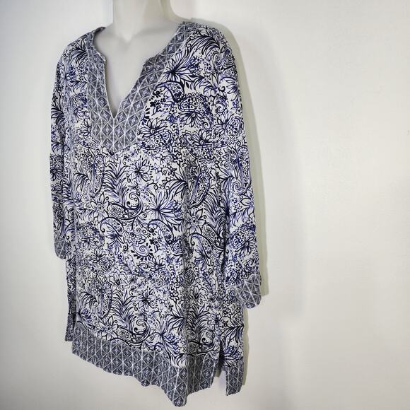 Sigrid Olsen Tunic Top Size Large Blue Floral 3/4 Sleeve 100% Linen V Neck Beach - Picture 6 of 11